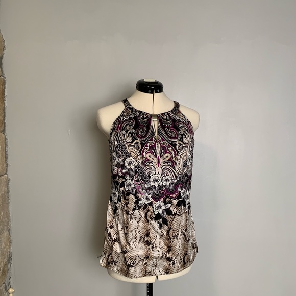 White House Black Market Tops - WHBM Purple/Ivory Silk Stretch Patterned Shell, 0